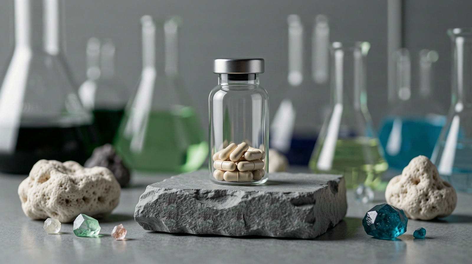 Precision nutrition isolate container on architectural stone